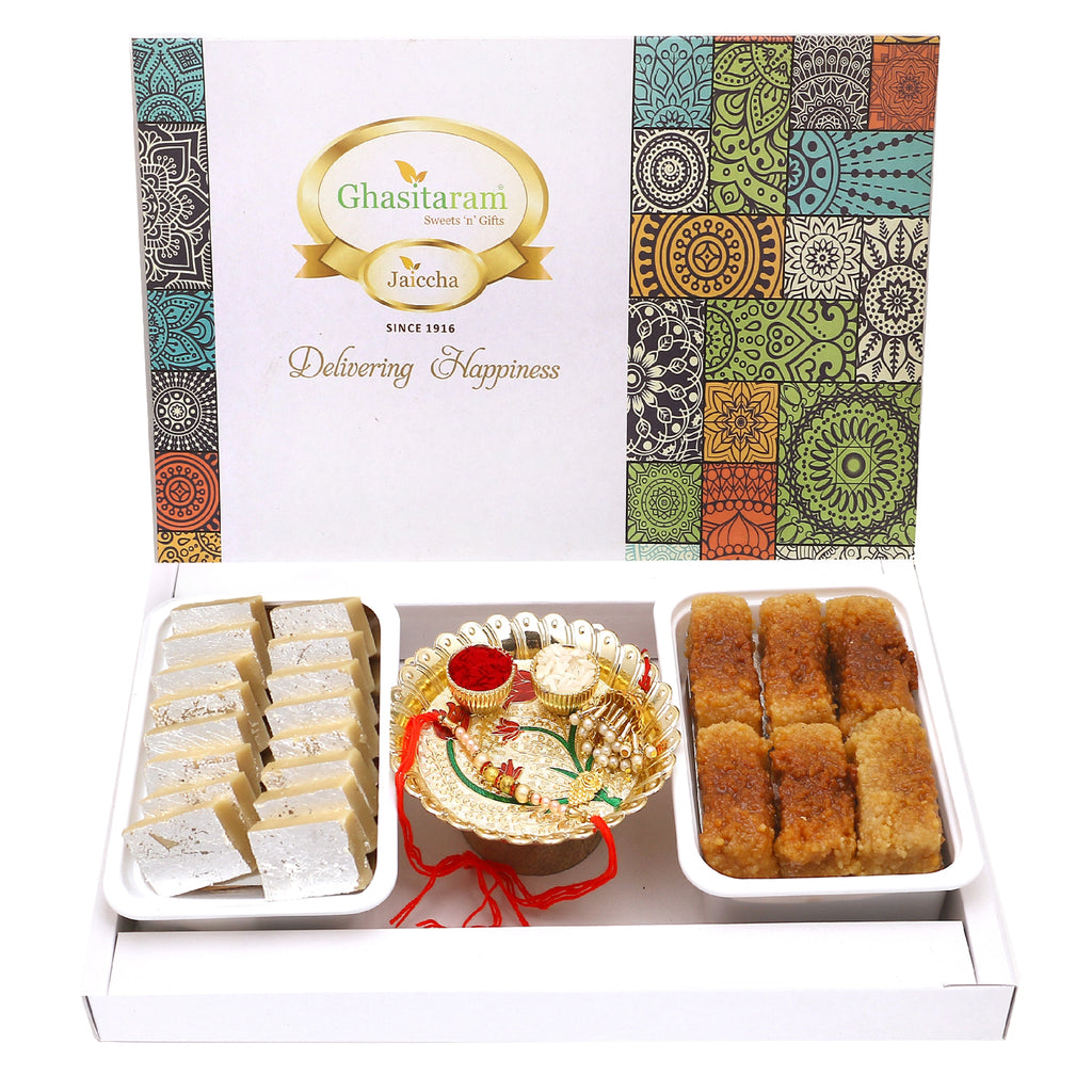 Rakhi Gifts Sweets-Assorted box of Kaju Katlis, Milk Cake, Pooja Thali and Bhaiya Bhabhi Rakhis 