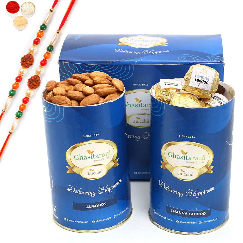 Rakhi Gifts Sweets-Channa Laddoo and Almond Cans With 2 rudraksh rakhis