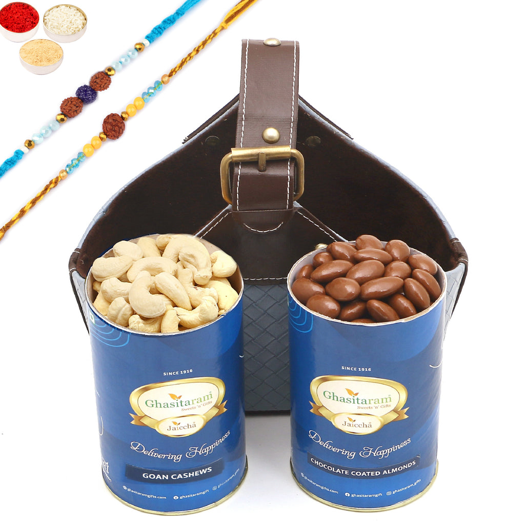 Rakhi Gifts-Leather Buckle Basket Small of Cashews and Chocolate Almonds With 2 Blue rudraksh rakhis