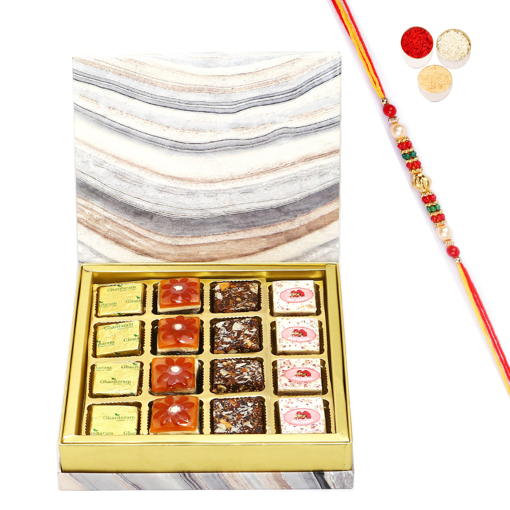 Rakhi Gifts-Marble Box of Assorted Crunchy Bites With pearl beads rakhi