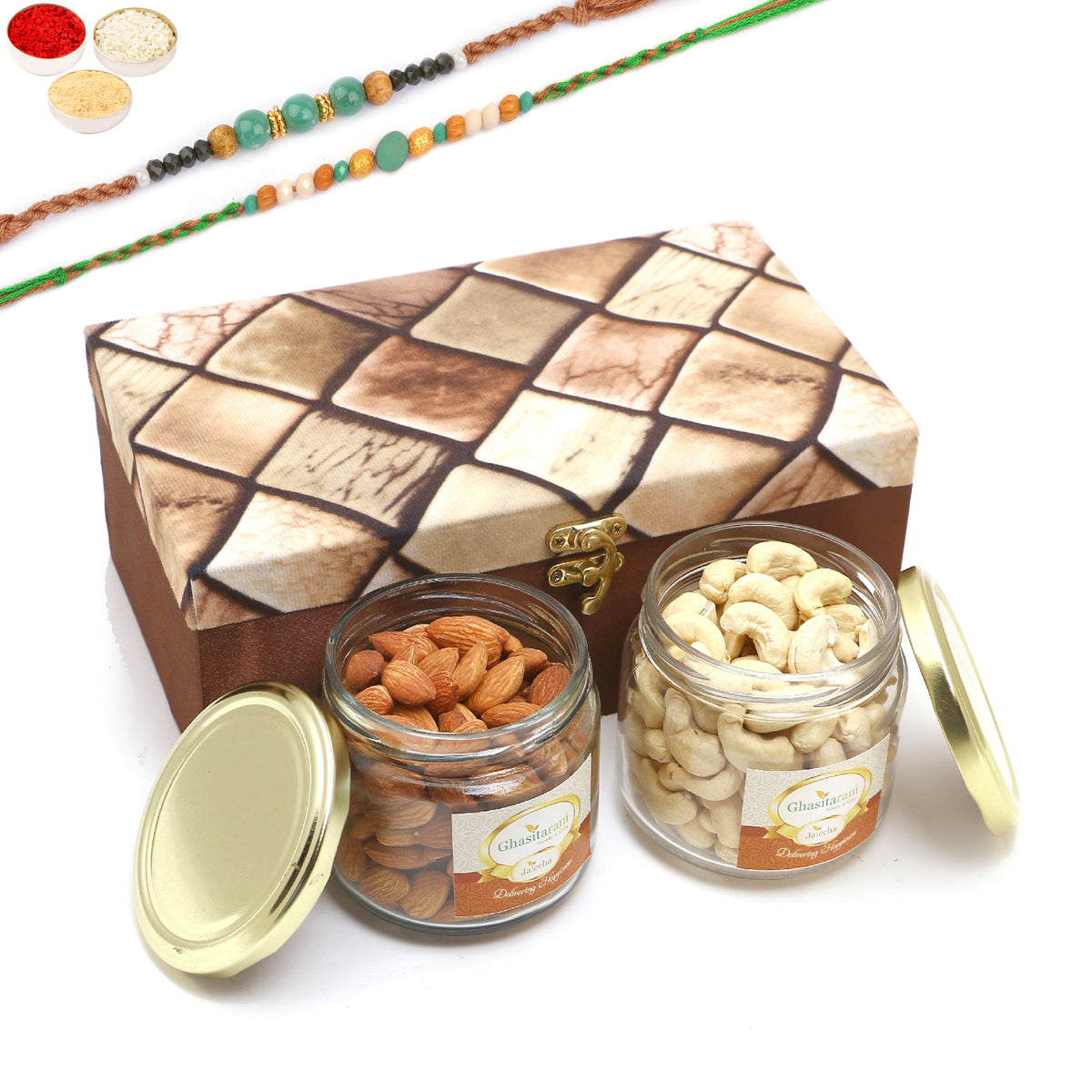 Rakhi Gifts-Miracle Box of 2 Jars Of Cashews and Almonds With 2 Green Beads Rakhis