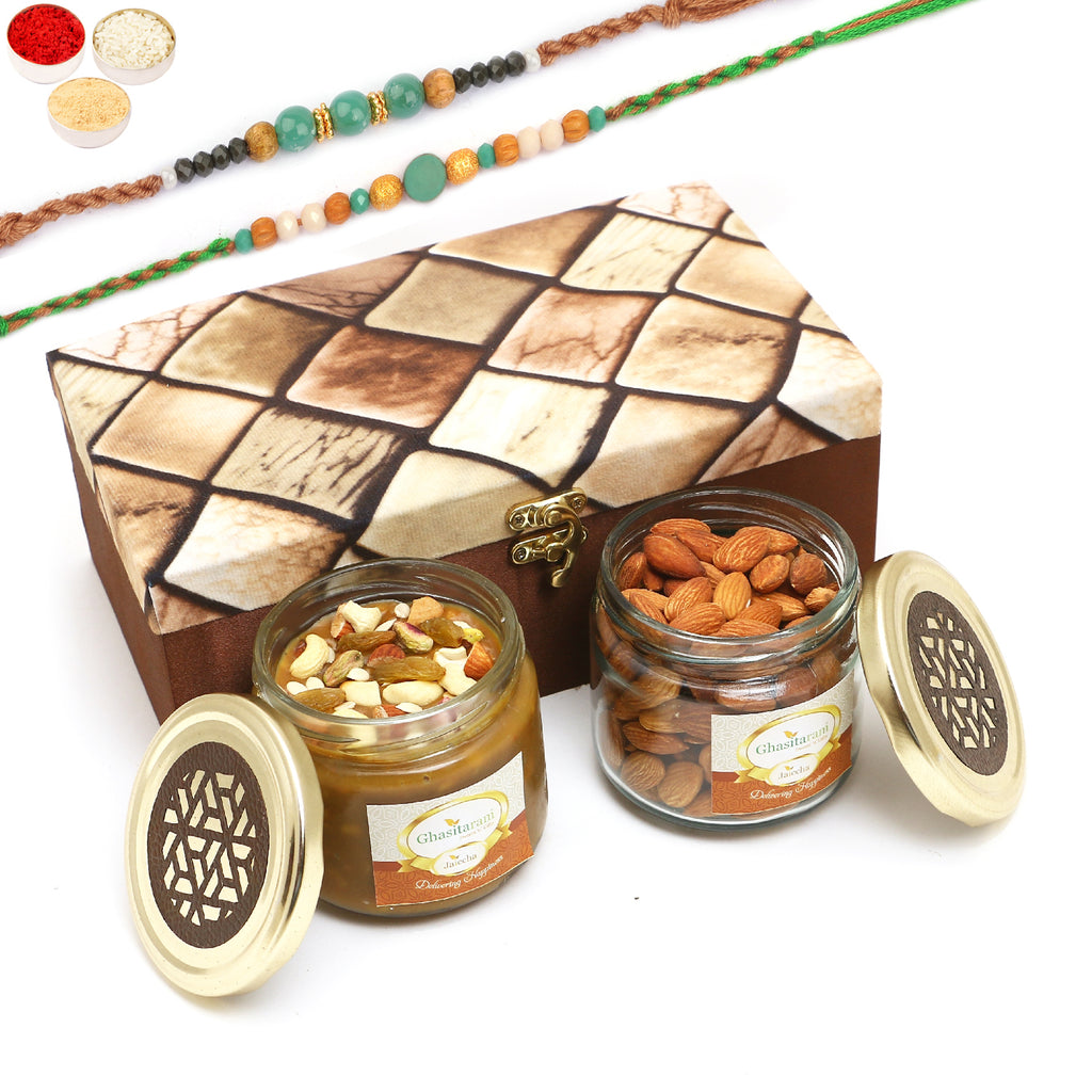 Rakhi Gifts-Miracle Box of 2 Jars Of Dryfruit Halwa and Almonds With 2 Green Beads Rakhis