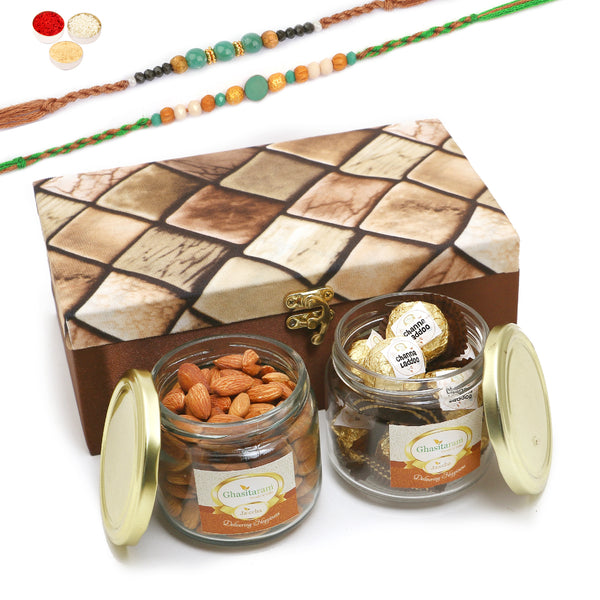 Rakhi Gifts-Miracle Box of 2 Jars Of Channa Laddoo and Almonds With 2 Green Beads Rakhis