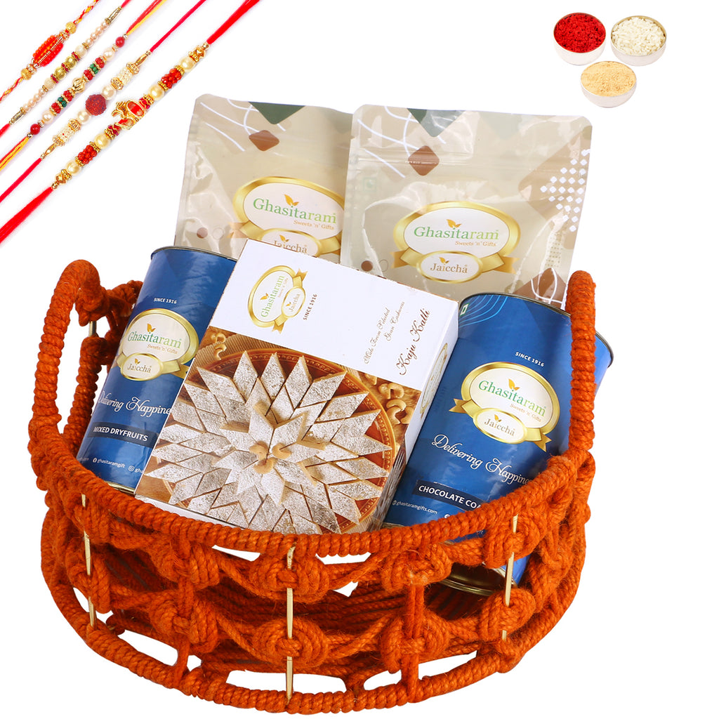 Rakhi Gifts-Orange Jute Basket of assortments with Kaju Katli With 5 rakhis