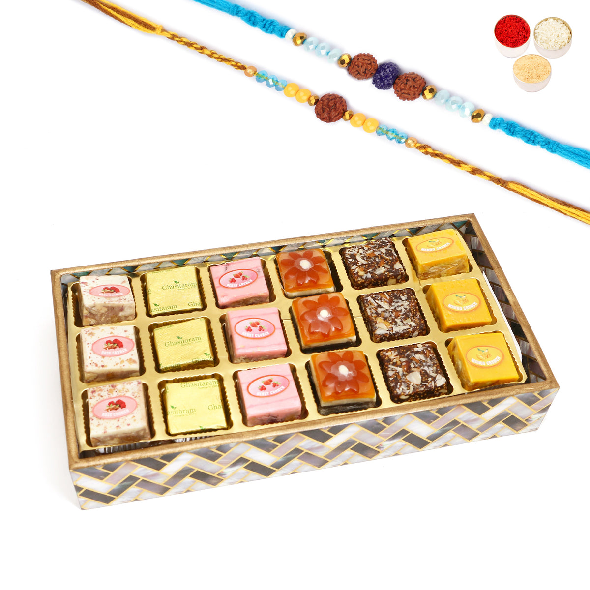 Rakhi Gifts-Printed Blue Tray of Assorted Bites With 2 blue rudraksh rakhis