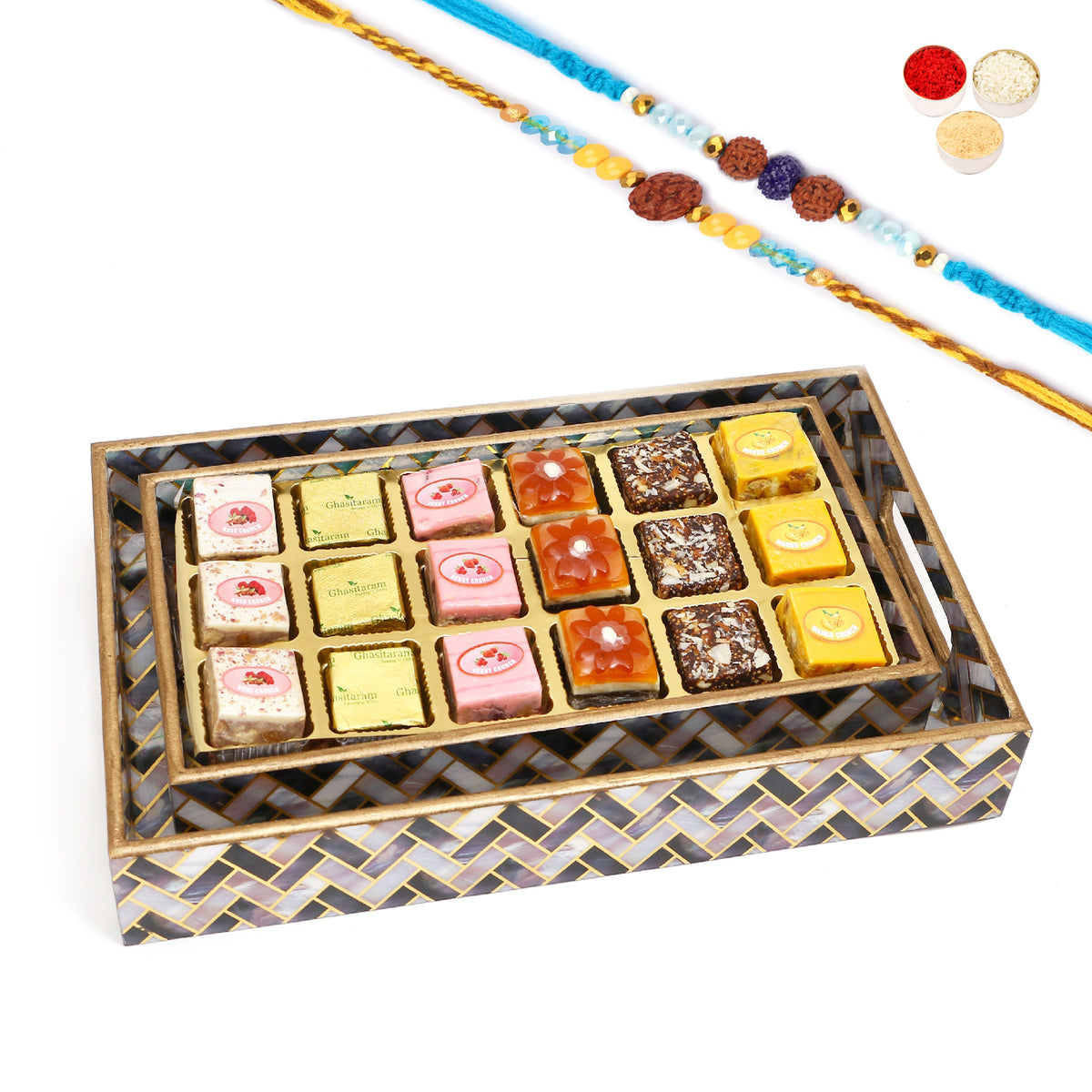Rakhi Gifts-Set of 2 Printed Blue Trays of Assorted Bites With 2 blue rudraksh rakhis