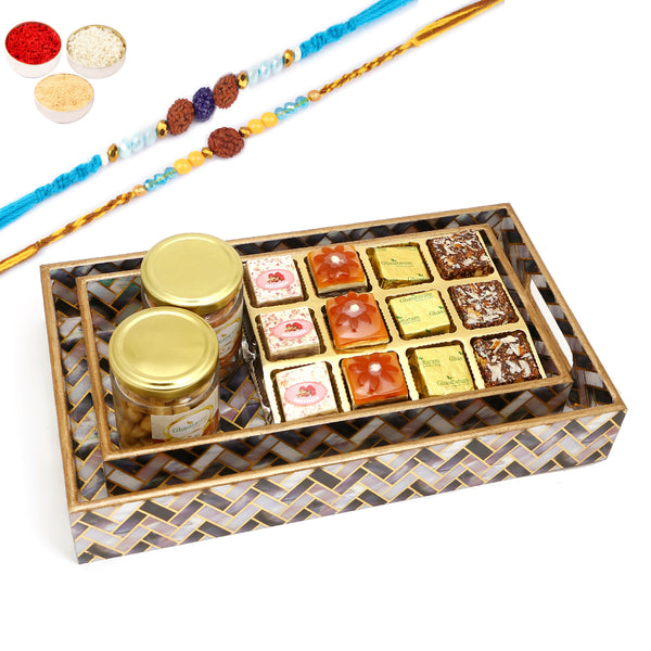 Rakhi Gifts-Set of 2 Printed Blue Trays of Assorted Bites, Roasted Cashews and Almonds Jars With 2 blue rudraksh rakhis