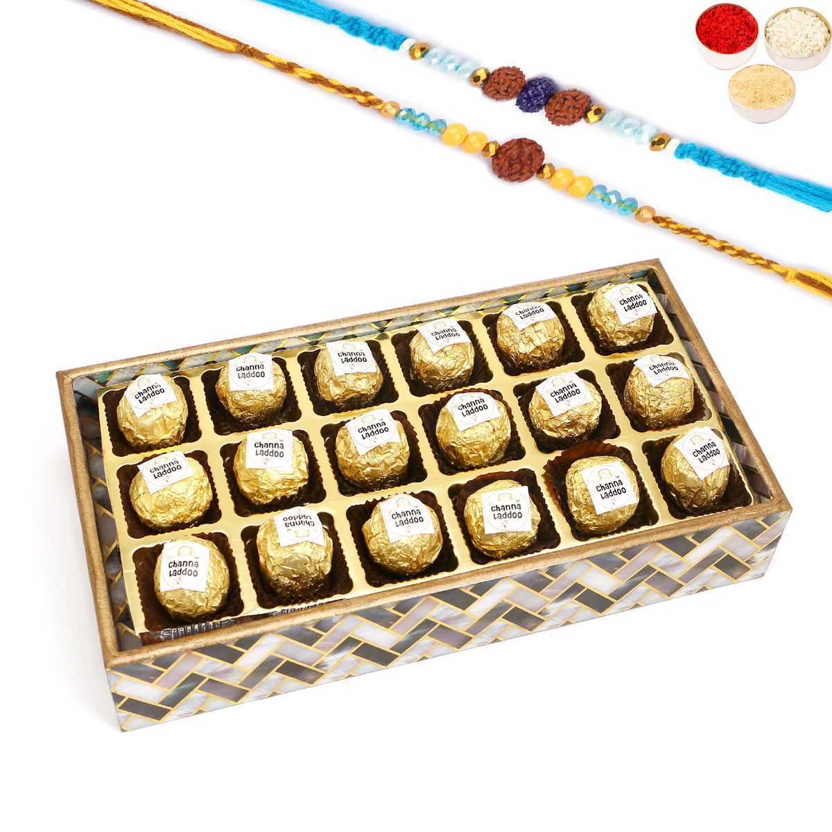 Rakhi Gifts-Printed Blue Tray of Channa Laddoos With 2 blue rudraksh rakhis