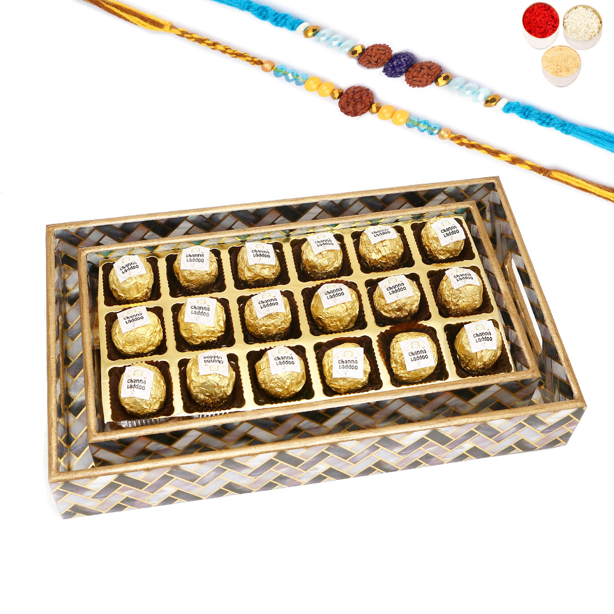 Rakhi Gifts-Set of 2 Printed Blue Trays of Channa Laddoos With 2 blue rudraksh rakhis