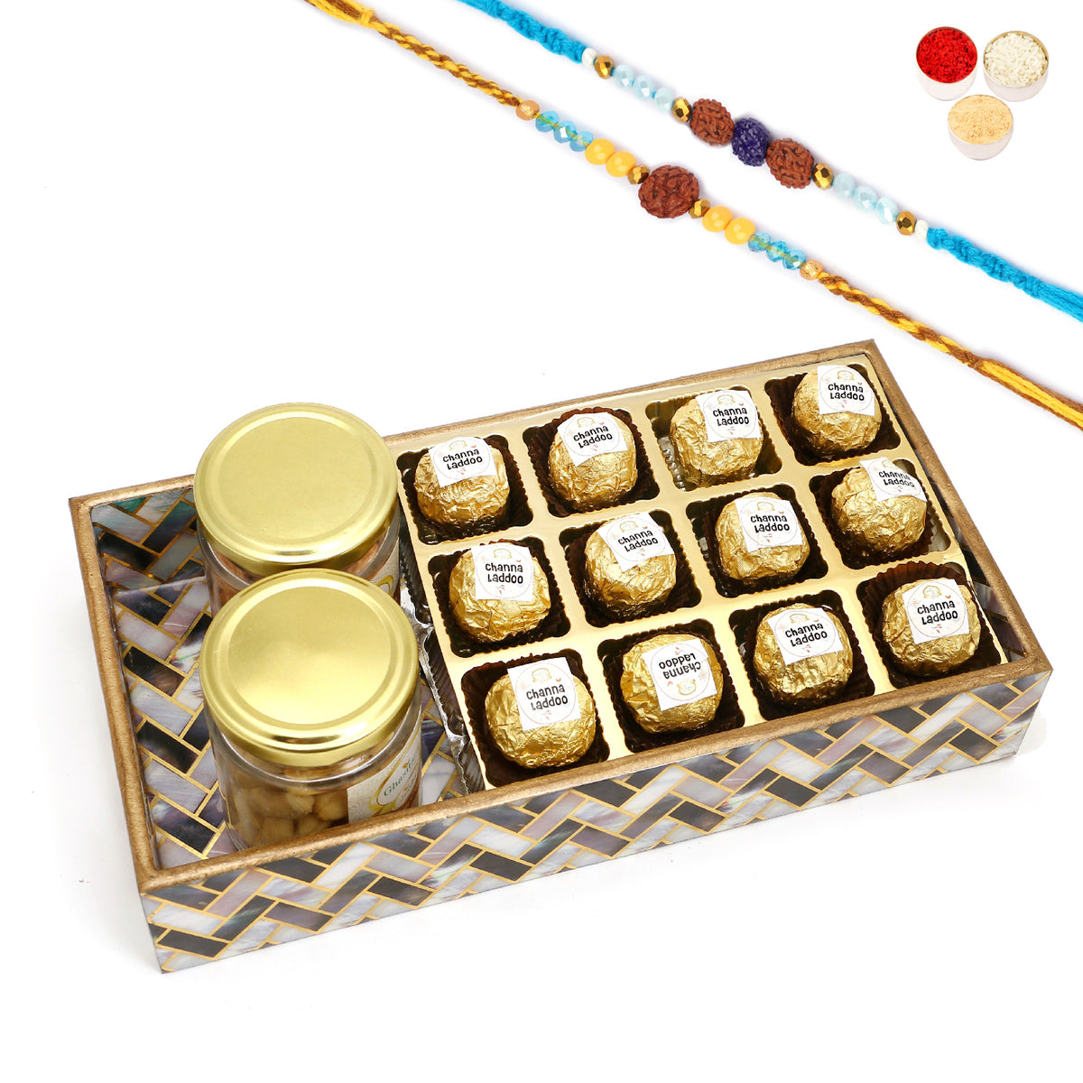 Rakhi Gifts-Printed Blue Tray of Channa Laddoos, Roasted Cashews and Almonds Jars With 2 blue rudraksh rakhis