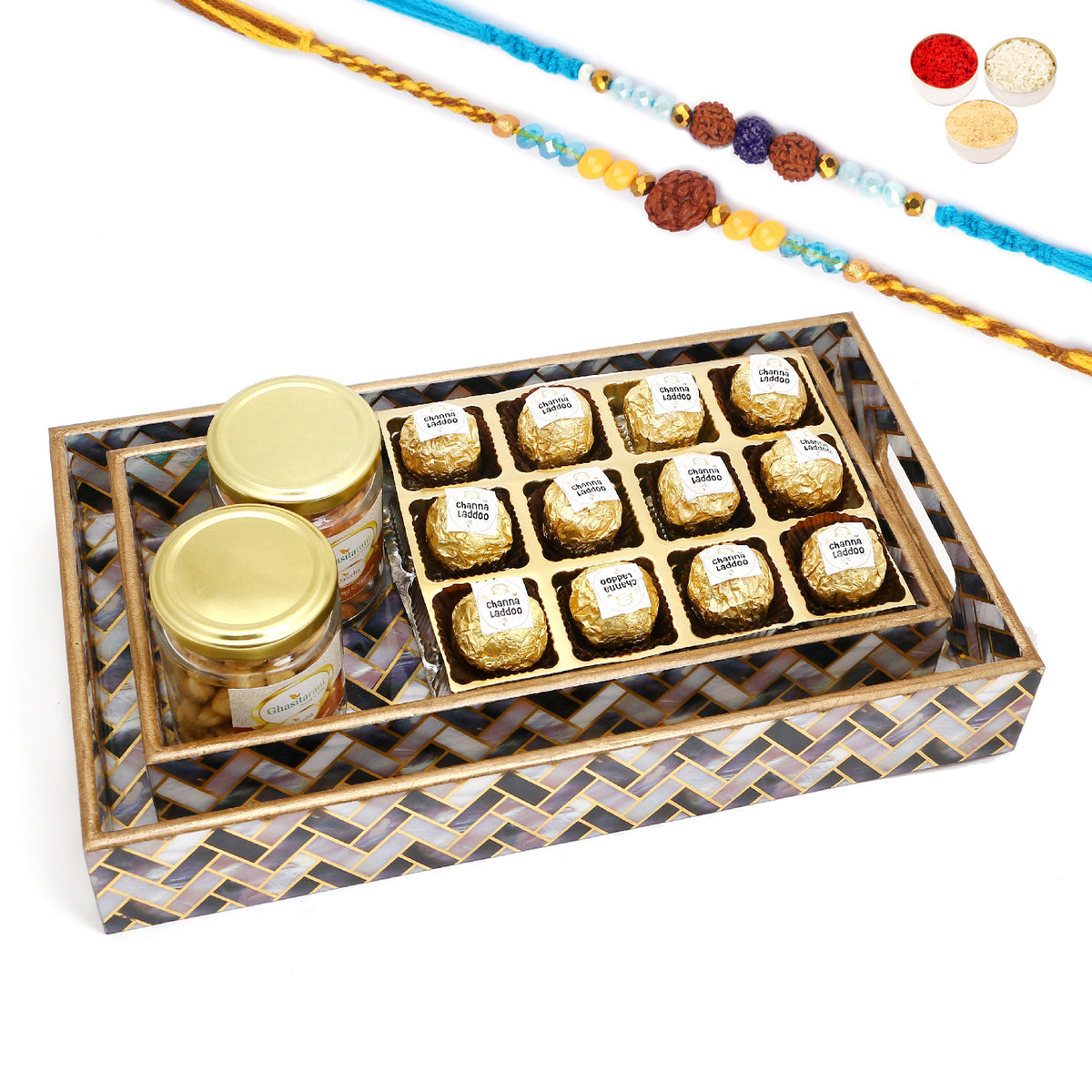 Rakhi Gifts-Set of 2 Printed Blue Trays of Channa Laddoos, Roasted Cashews and Almonds Jars With 2 blue rudraksh rakhis