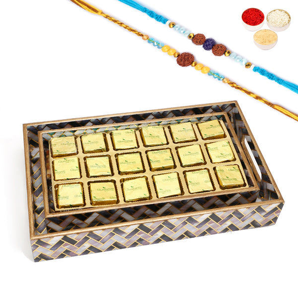 Rakhi Gifts-Set of 2 Printed Blue Trays of Mewa Bites With 2 blue rudraksh rakhis
