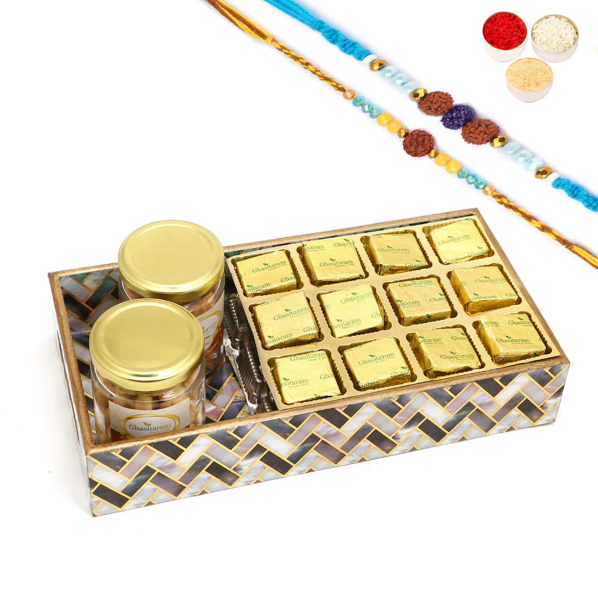 Rakhi Gifts-Printed Blue Tray of Mewa Bites, Roasted Cashews and Almonds Jars With 2 blue rudraksh rakhis