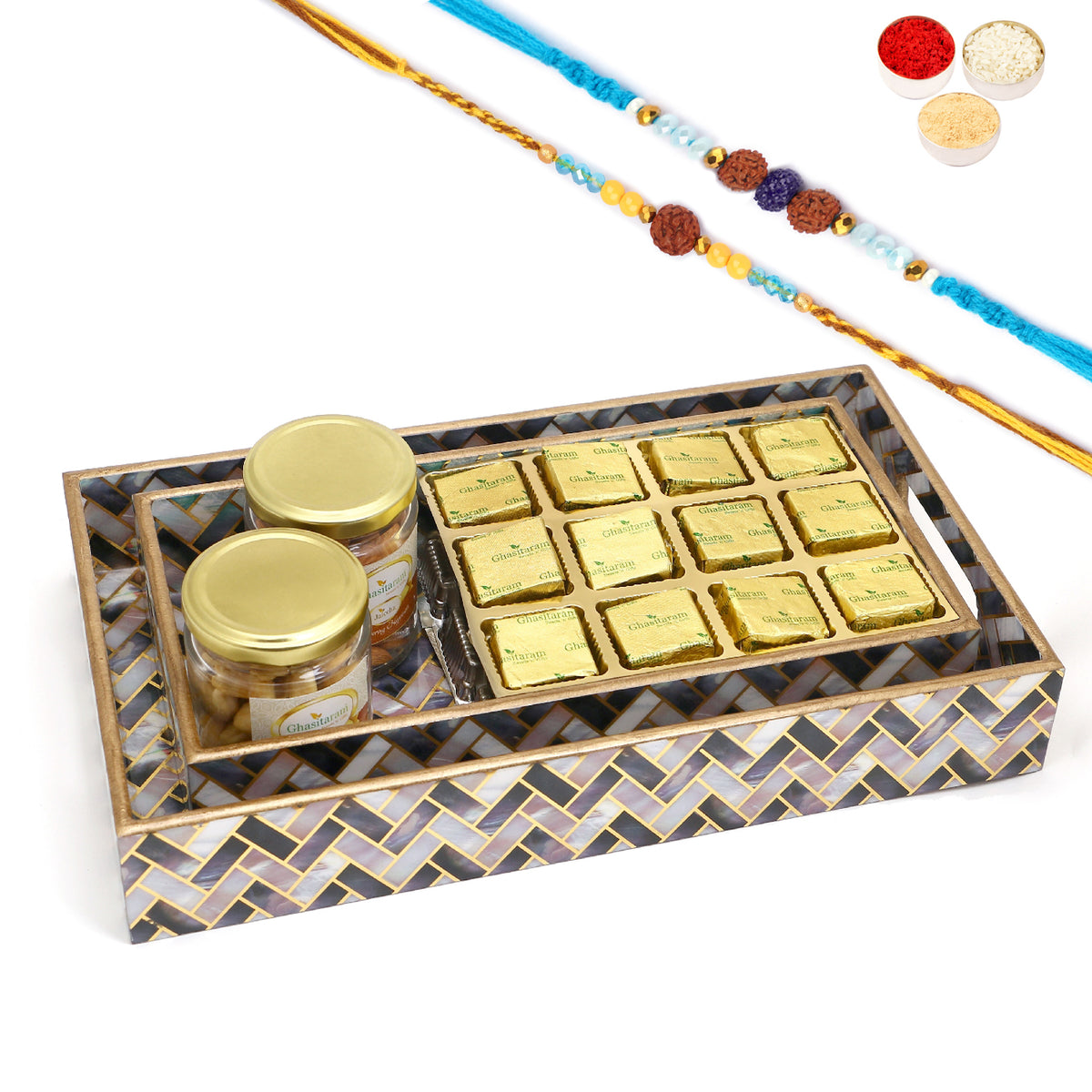 Rakhi Gifts-Set of 2 Printed Blue Trays of Mewa Bites, Roasted Cashews and Almonds Jars With 2 blue rudraksh rakhis