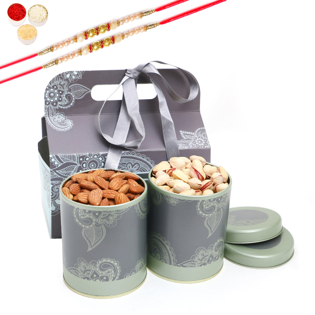 Rakhi Gifts-Printed Box with 2 Tins of Almonds and Pistachios With 2 pearl Rakhis