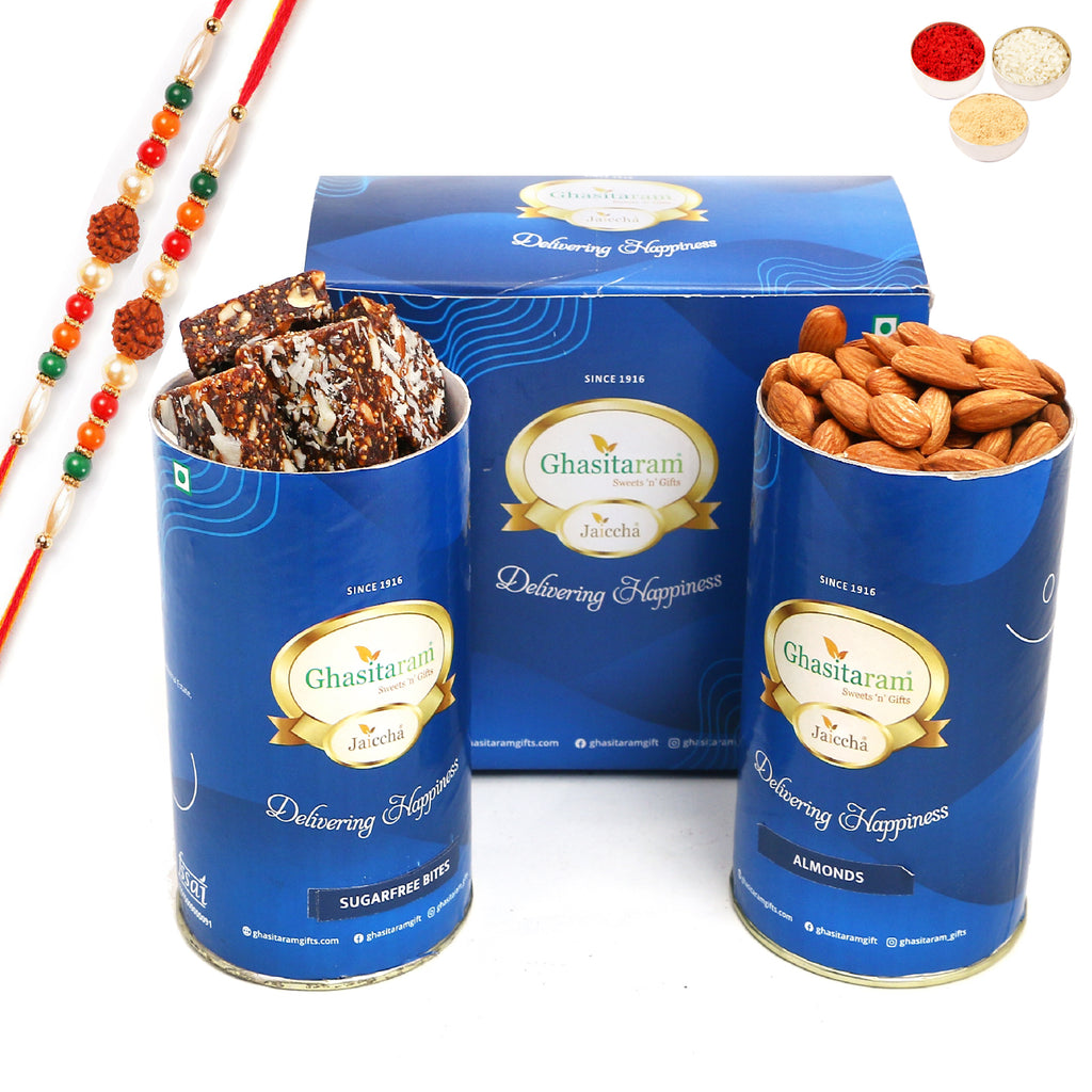 Rakhi Gifts-Sugarfree Bites and Almond Cans With 2 rudraksh rakhis