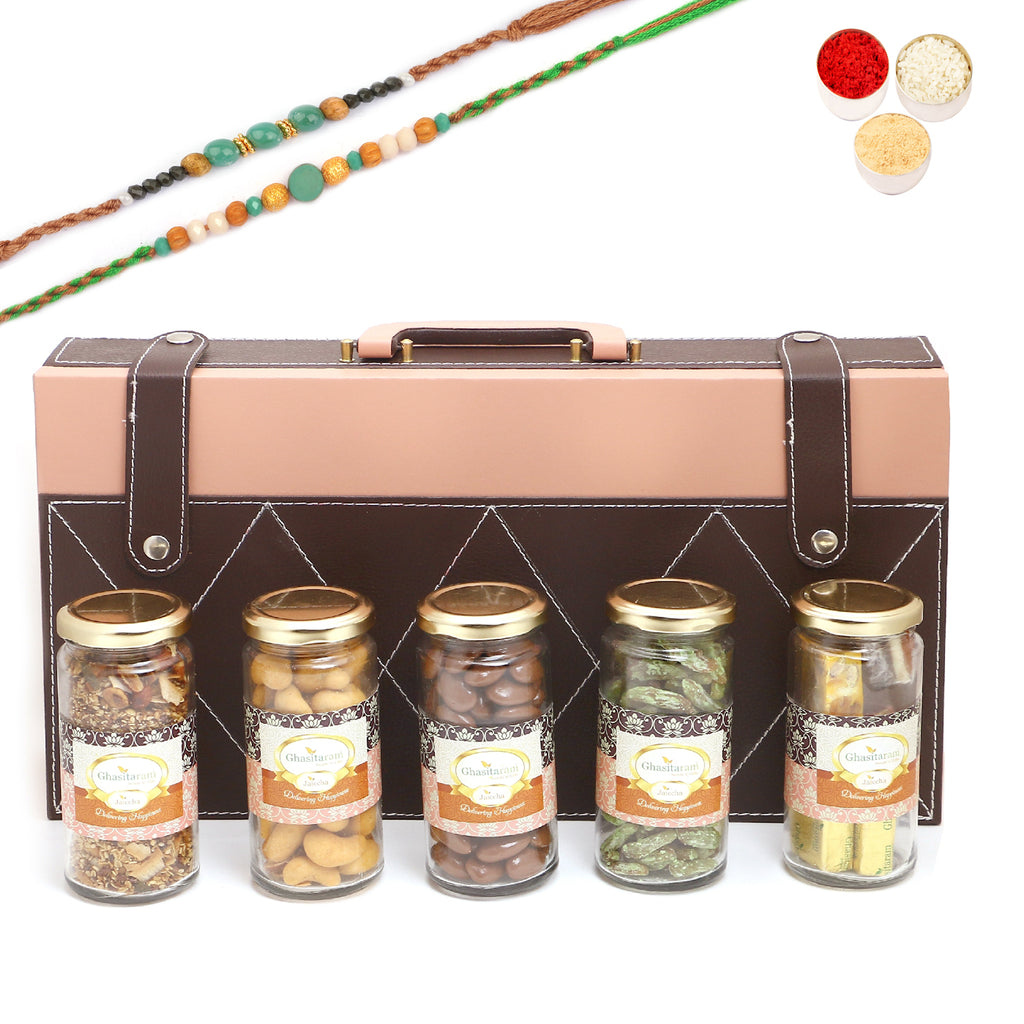 Rakhi Gifts-Signature Wooden Box wooden with 5 Assortments With 2 Green Beads Rakhis
