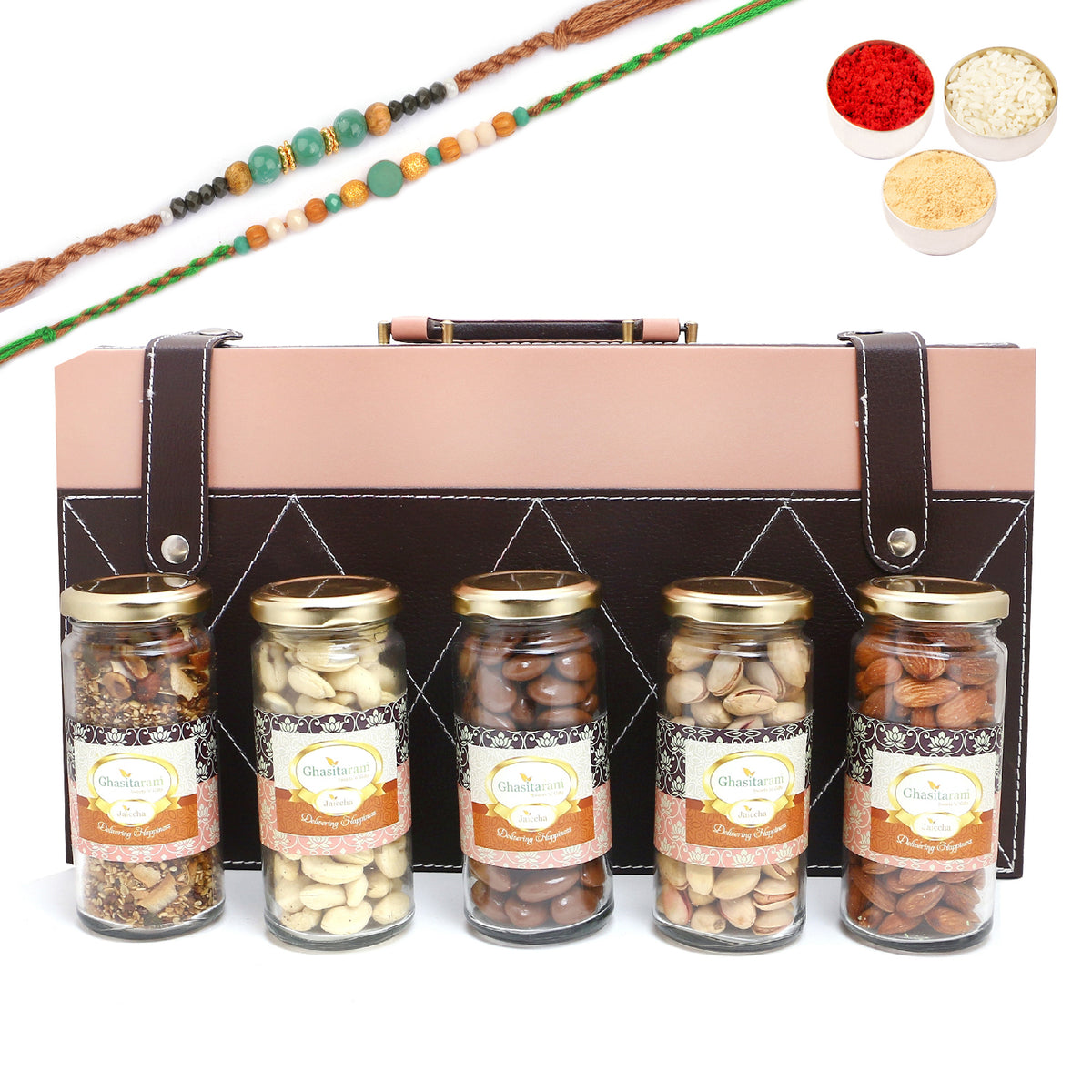Rakhi Gifts-Signature Wooden Box wooden with 5 Assortments Variation With 2 Green Beads Rakhis