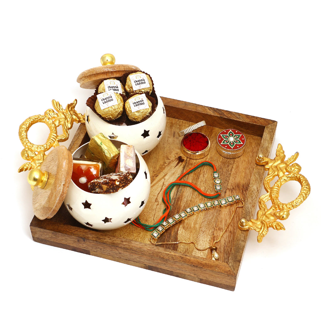 Rakhi Gifts-Square wooden Thali with 2 jars of Channa Laddoo and Assorted Bites, Roli Chawal conatiners and Bhaiya Bhabhi Rakhis