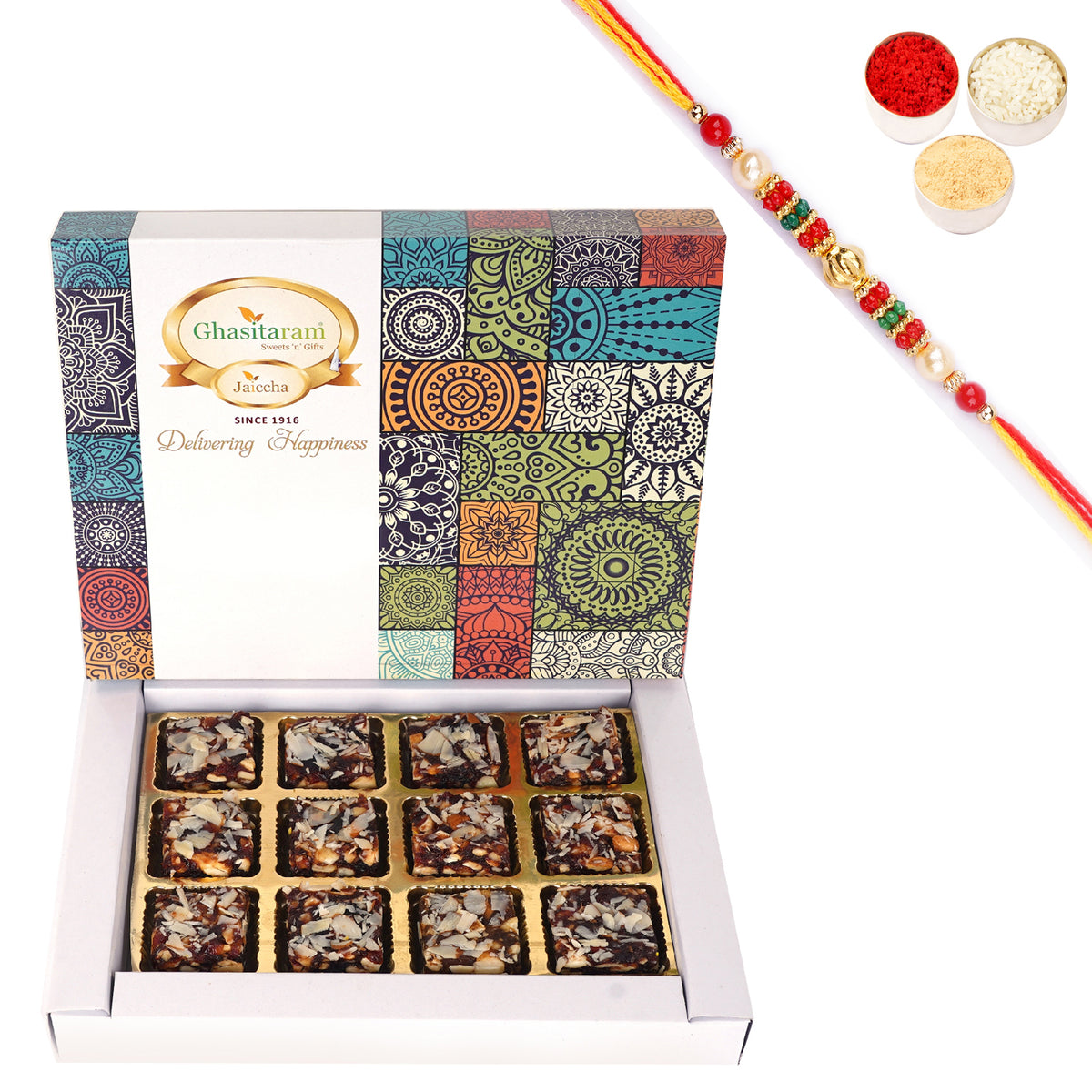 Sugarfree Khajoor Bites 12 pcs with Pearl Beads Rakhi