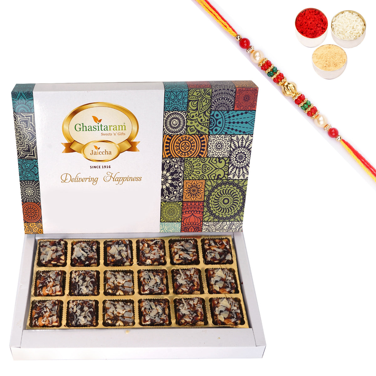 Sugarfree Khajoor Bites 18 pcs with Pearl Beads Rakhi