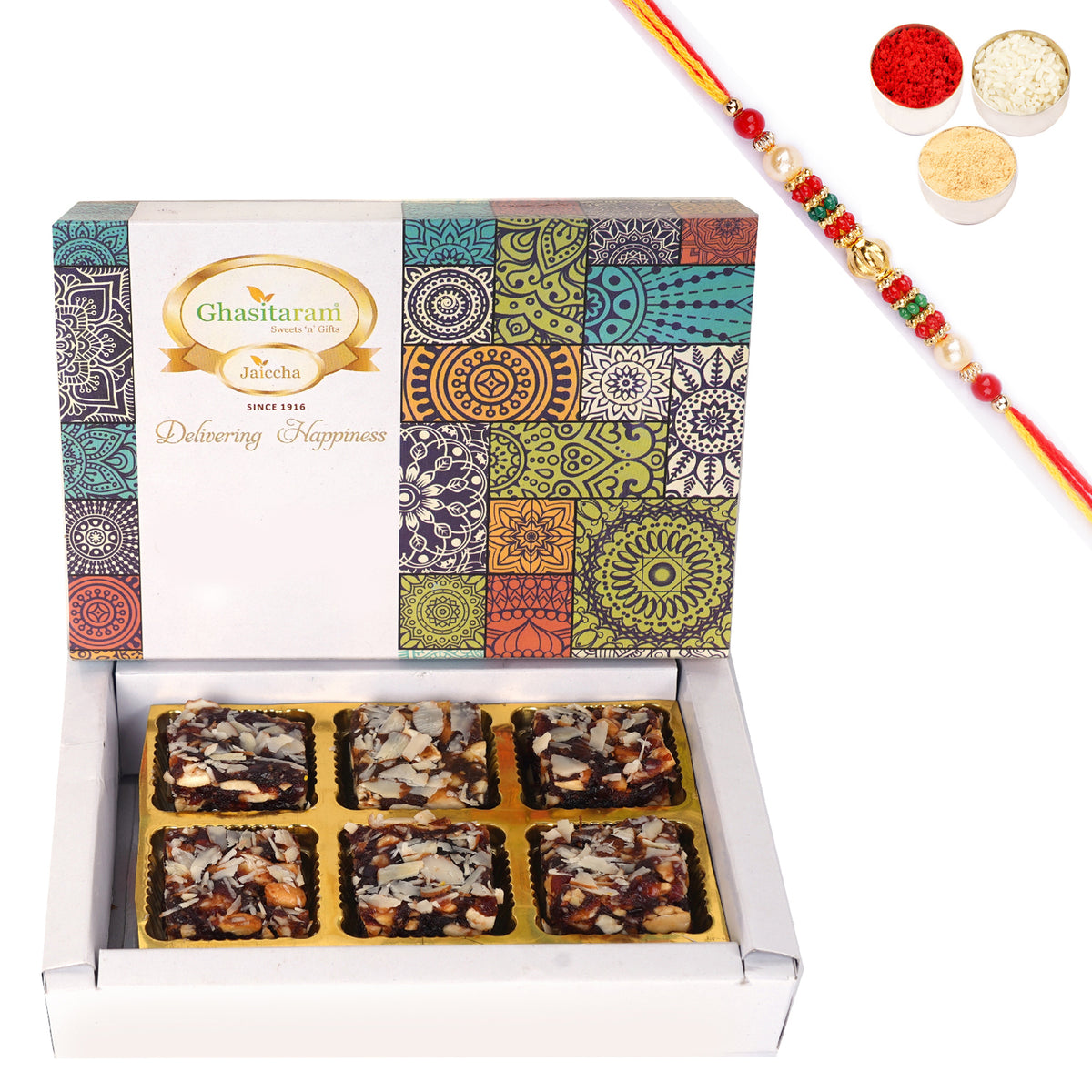 Sugarfree Khajoor Bites 6 pcs with Pearl Beads Rakhi