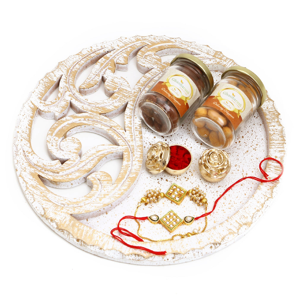 Rakhi Gifts-White Wooden Thali with Chocolate Almonds, Crunchy Cashews and Bhaiya Bhabhi Rakhis