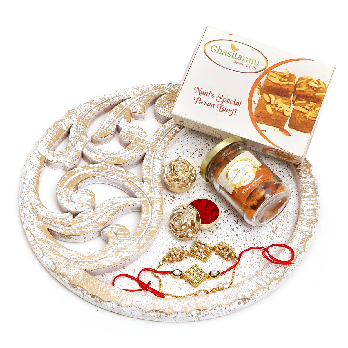 Rakhi Gifts-White Wooden Thali with Mix Dryfruits, Besan Barfi and Bhaiya Bhabhi Rakhis  