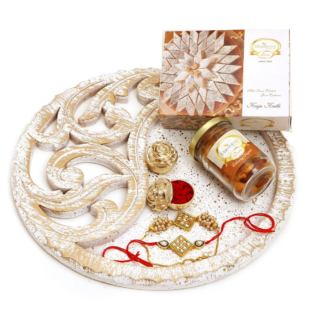Rakhi Gifts-White Wooden Thali with Mix Dryfruits, Kaju Katlis and Bhaiya Bhabhi Rakhis  