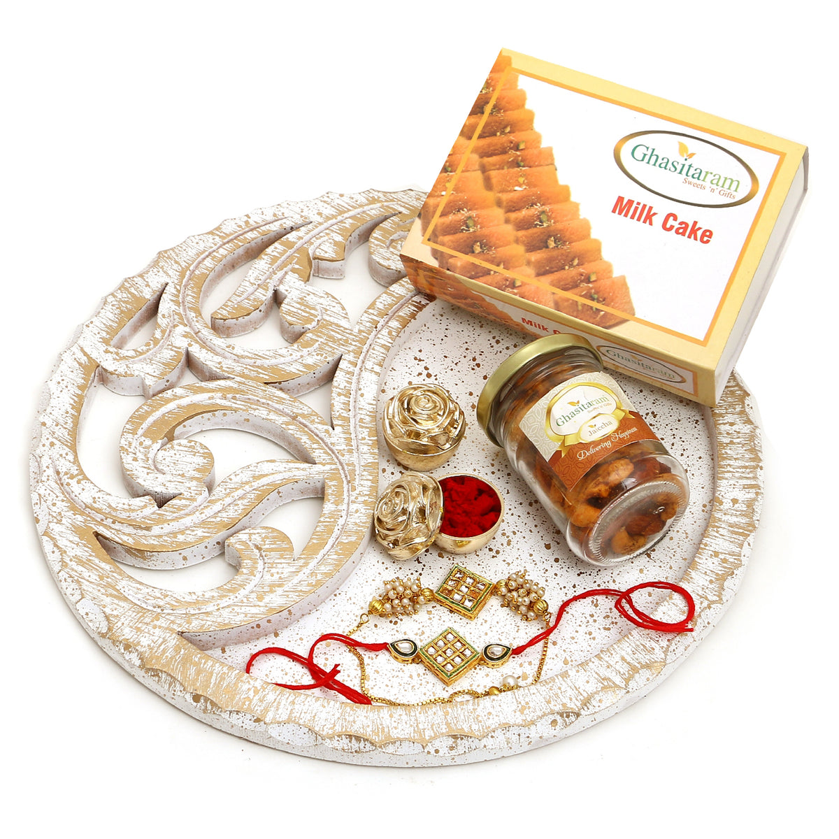 Rakhi Gifts-White Wooden Thali with Mix Dryfruits, Milk Cake and Bhaiya Bhabhi Rakhis  