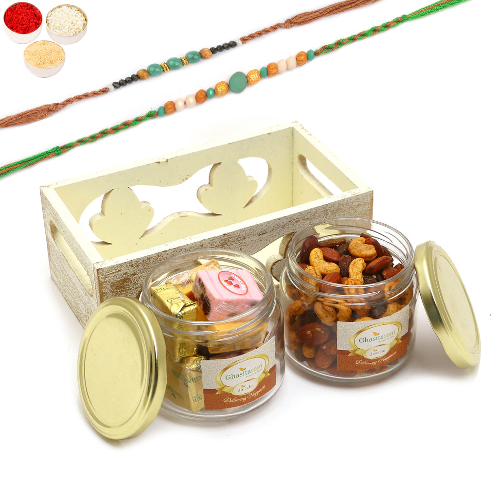 Rakhi Gifts-White Wooden Tray of 2 Jars Of Assorted Bites and Mix Dryfruits With 2 Green Beads Rakhis