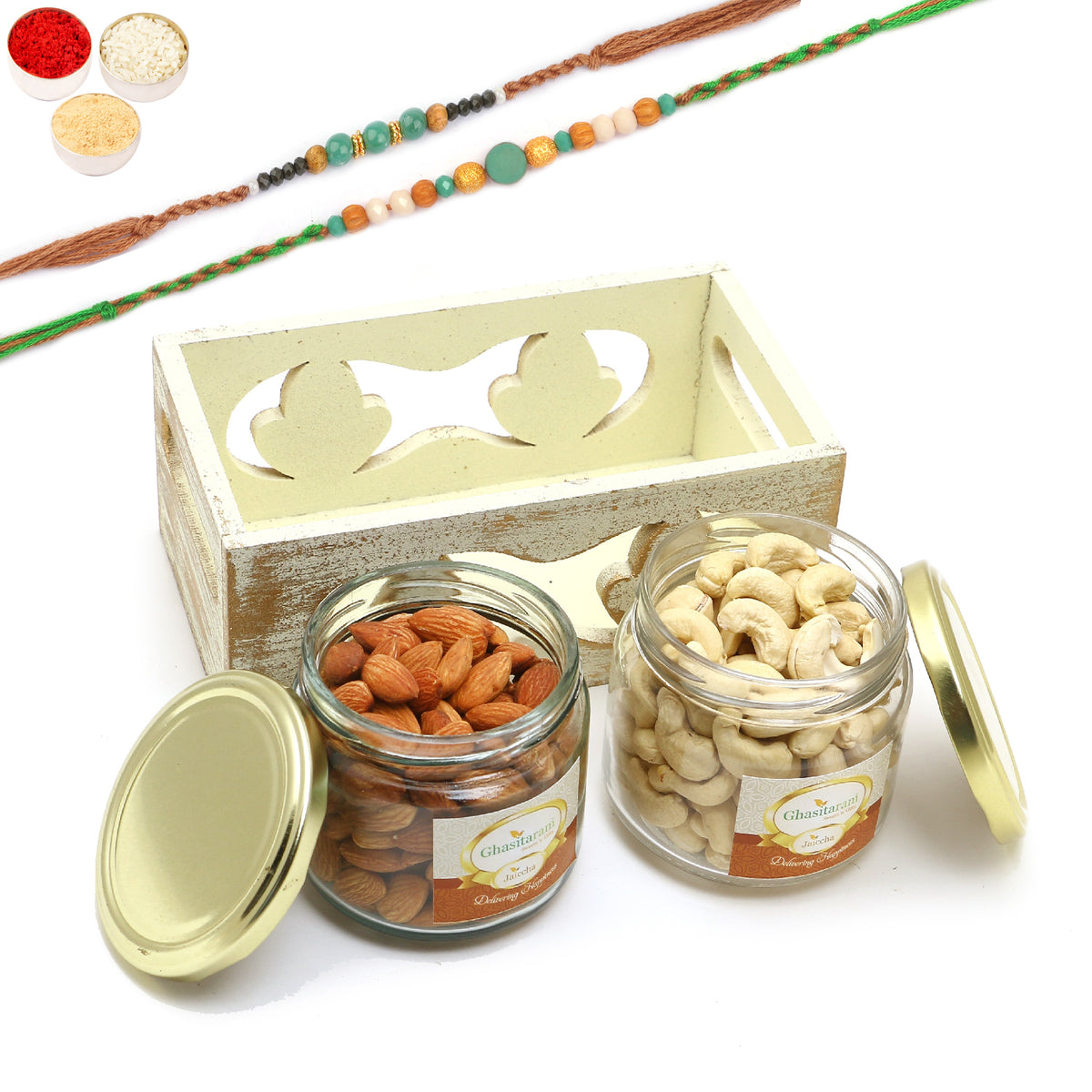 Rakhi Gifts-White Wooden Tray of 2 Jars Of Cashews and Almonds With 2 Green Beads Rakhis