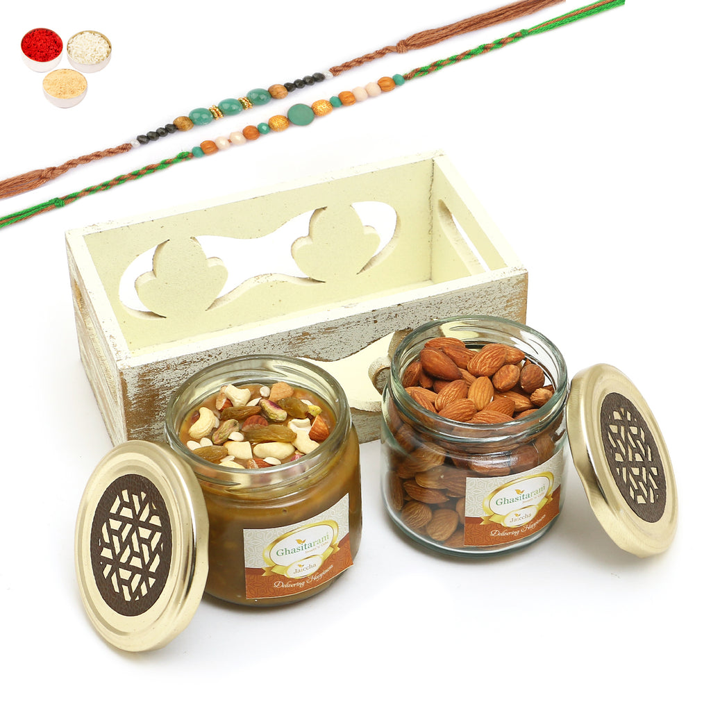 Rakhi Gifts-White Wooden Tray of 2 Jars Of Dryfruit Halwa and Almonds With 2 Green Beads Rakhis