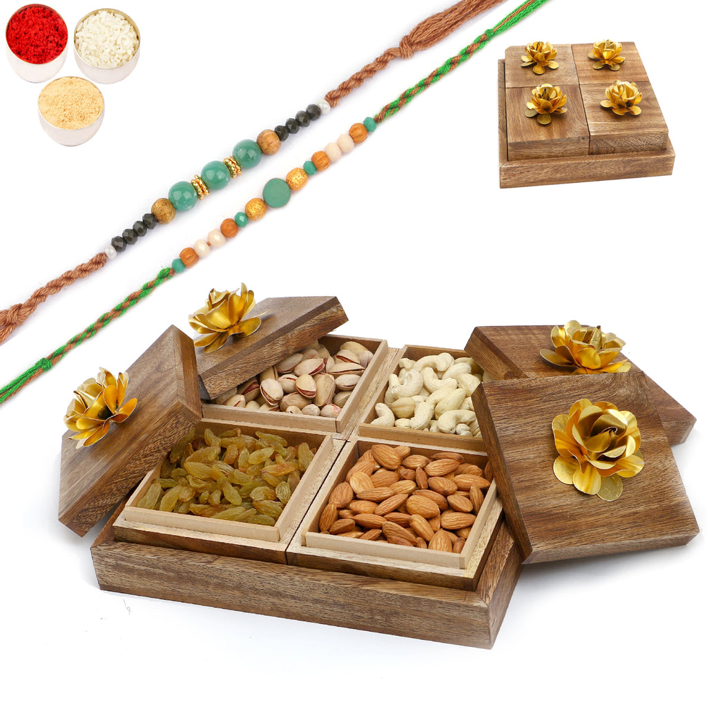 Rakhi Gifts-Wooden 4 Dryfruits Box With 2 Green Beads Rakhis