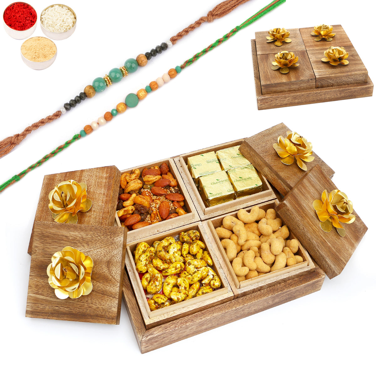Rakhi Gifts-Wooden 4 assorted Dryfruits Box With 2 Green Beads Rakhis