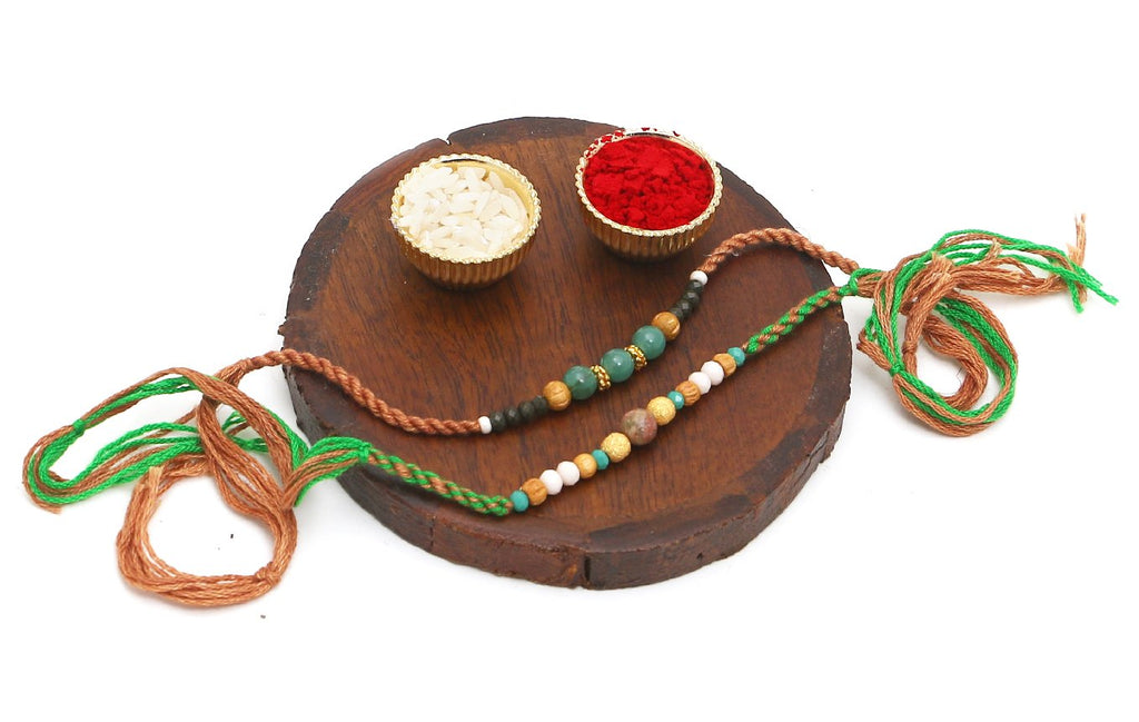 Wooden Coaster Pooja Thali with 2 Green Beads Rakhis