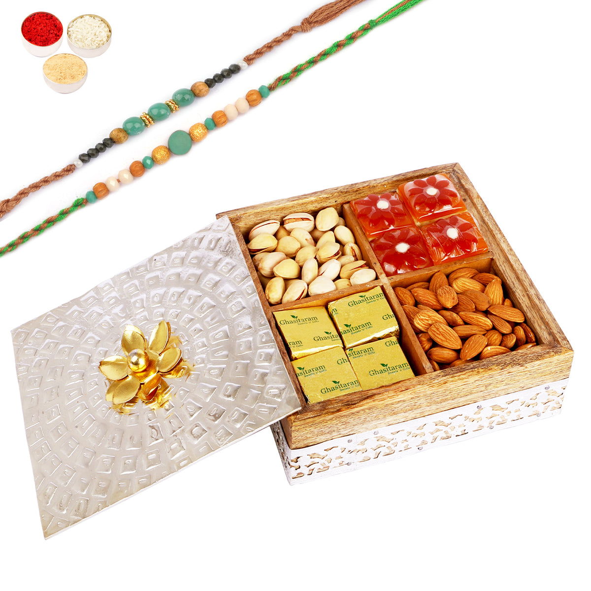 Rakhi Gifts-Wooden Metal Box with Almonds, Pistachios, Mewa Bites and Mango Bites With 2 Green Beads Rakhis