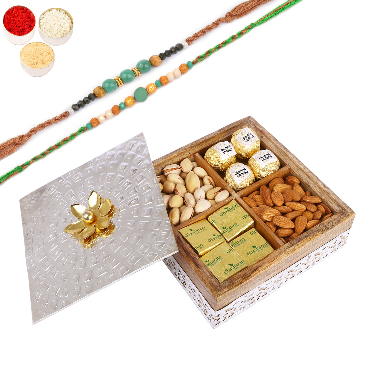 Rakhi Gifts-Wooden Metal Box with Almonds, Pistachios, Mewa Bites and Channa Laddoo With 2 Green Beads Rakhis