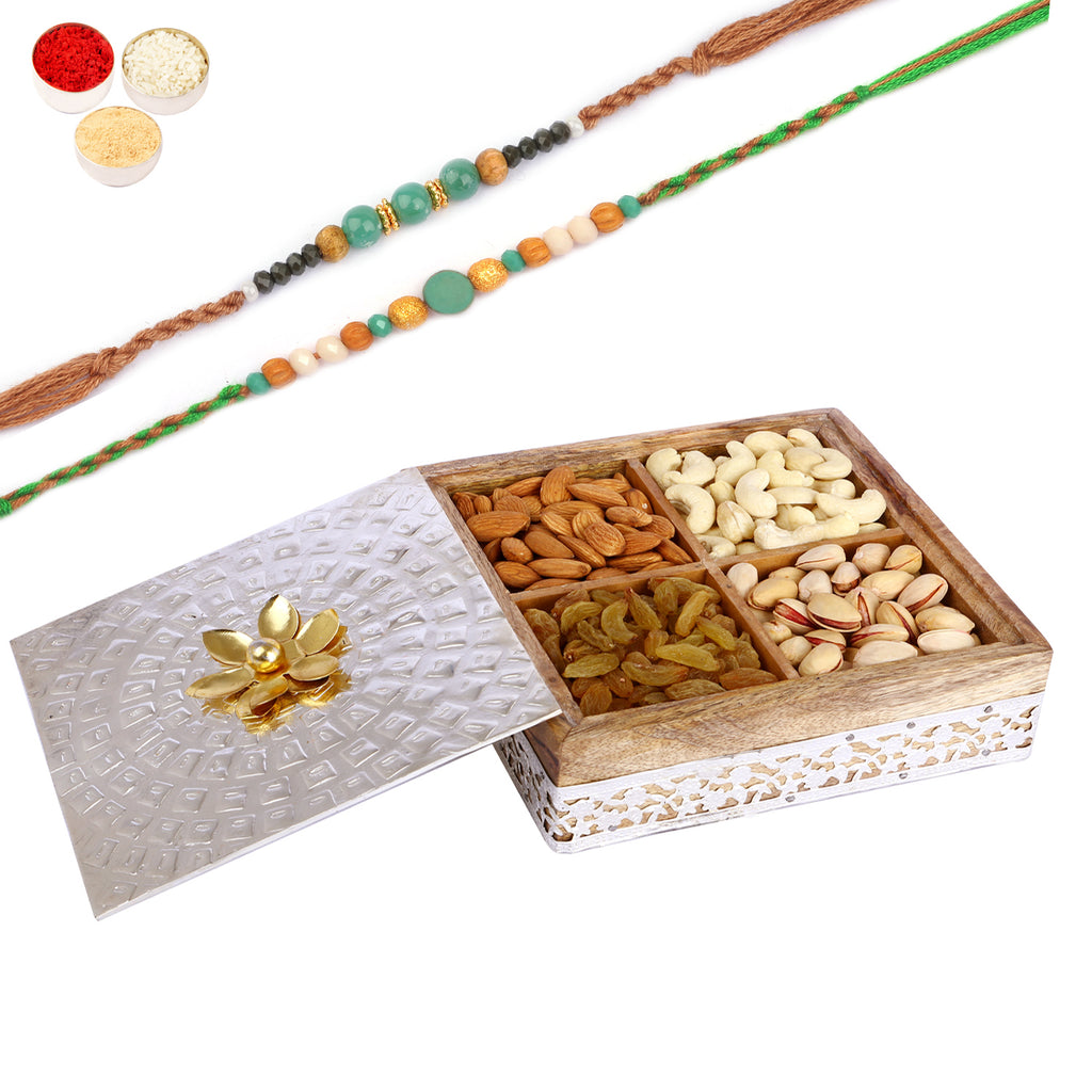 Rakhi Gifts-Wooden Metal Box of 4 Dryfruits With 2 Green Beads Rakhis