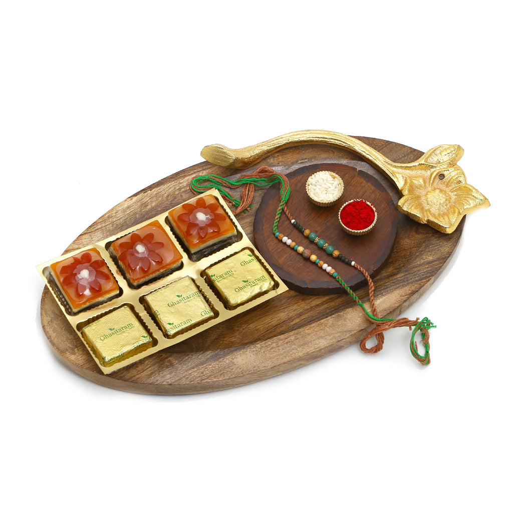 Rakhi Gifts-Wooden Platter of Mewa and Mango Bites, Pooja Thali  With 2 Green Beads Rakhis