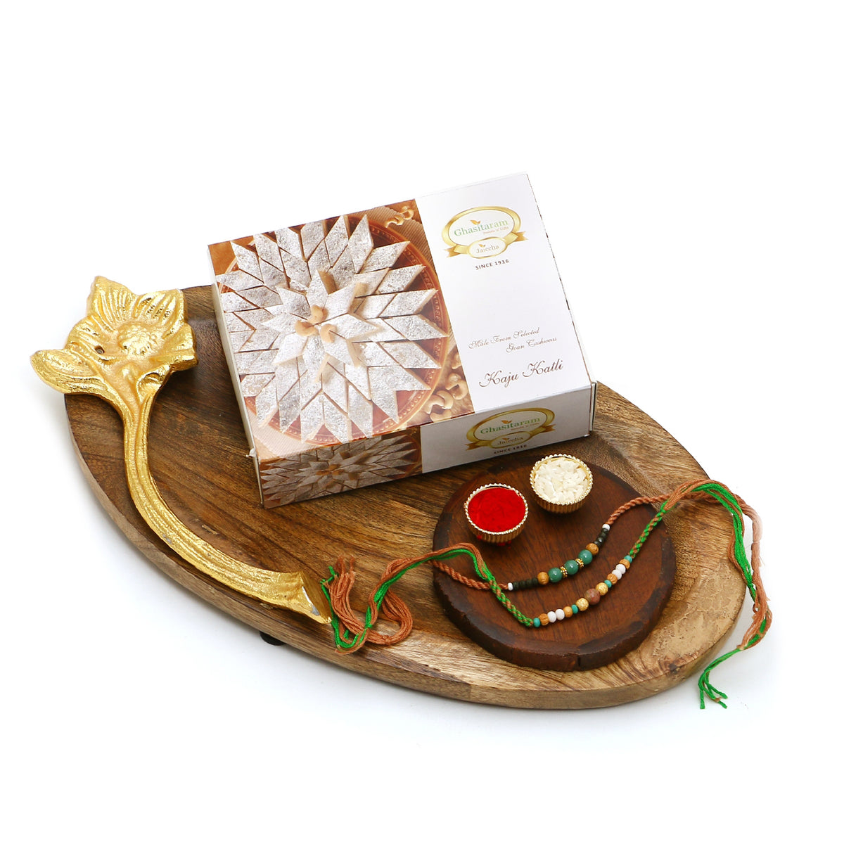 Rakhi Gifts-Wooden Platter of Kaju Katlis, Pooja Thali  With 2 Green Beads Rakhis