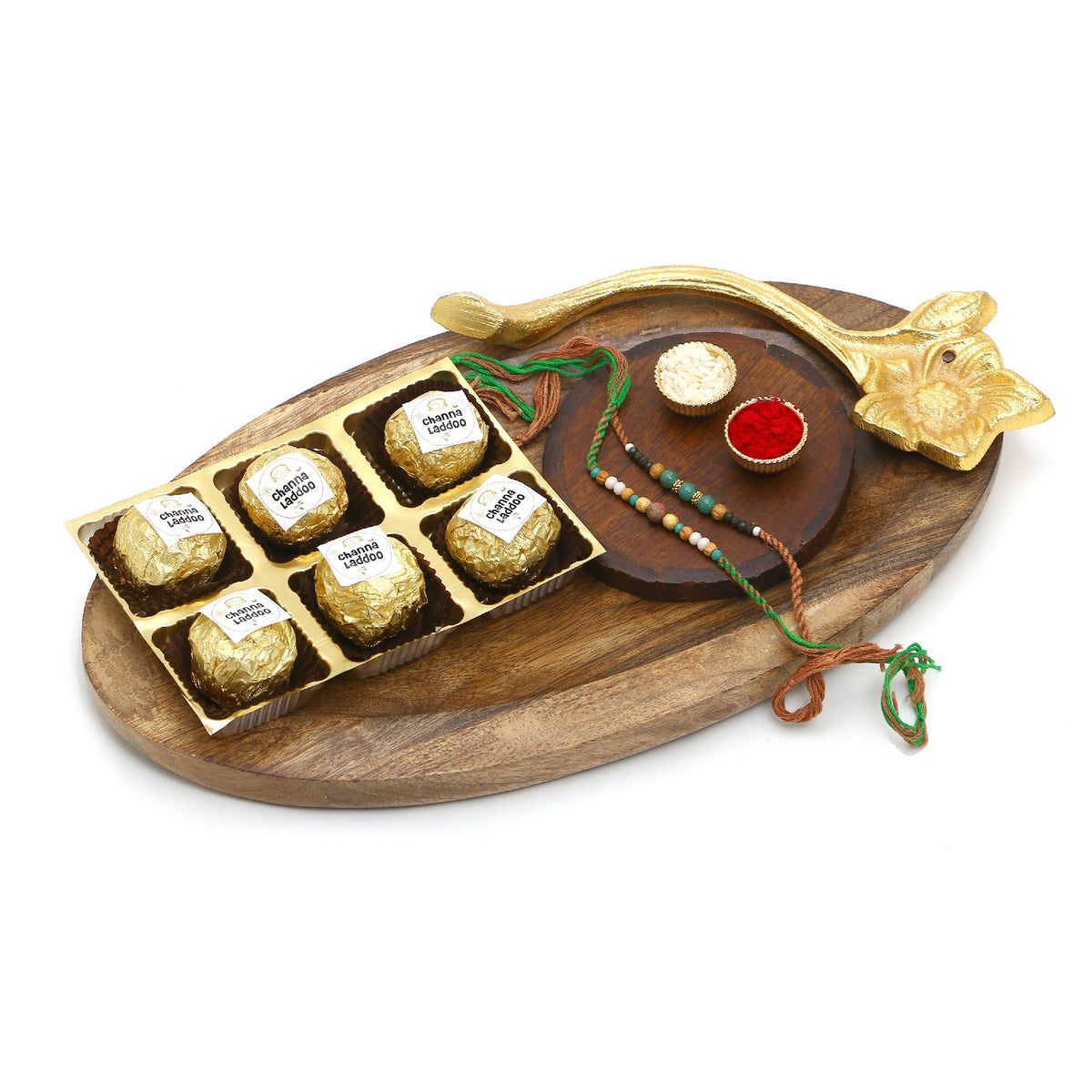 Rakhi Gifts-Wooden Platter of Channa Laddoos, Pooja Thali  With 2 Green Beads Rakhis