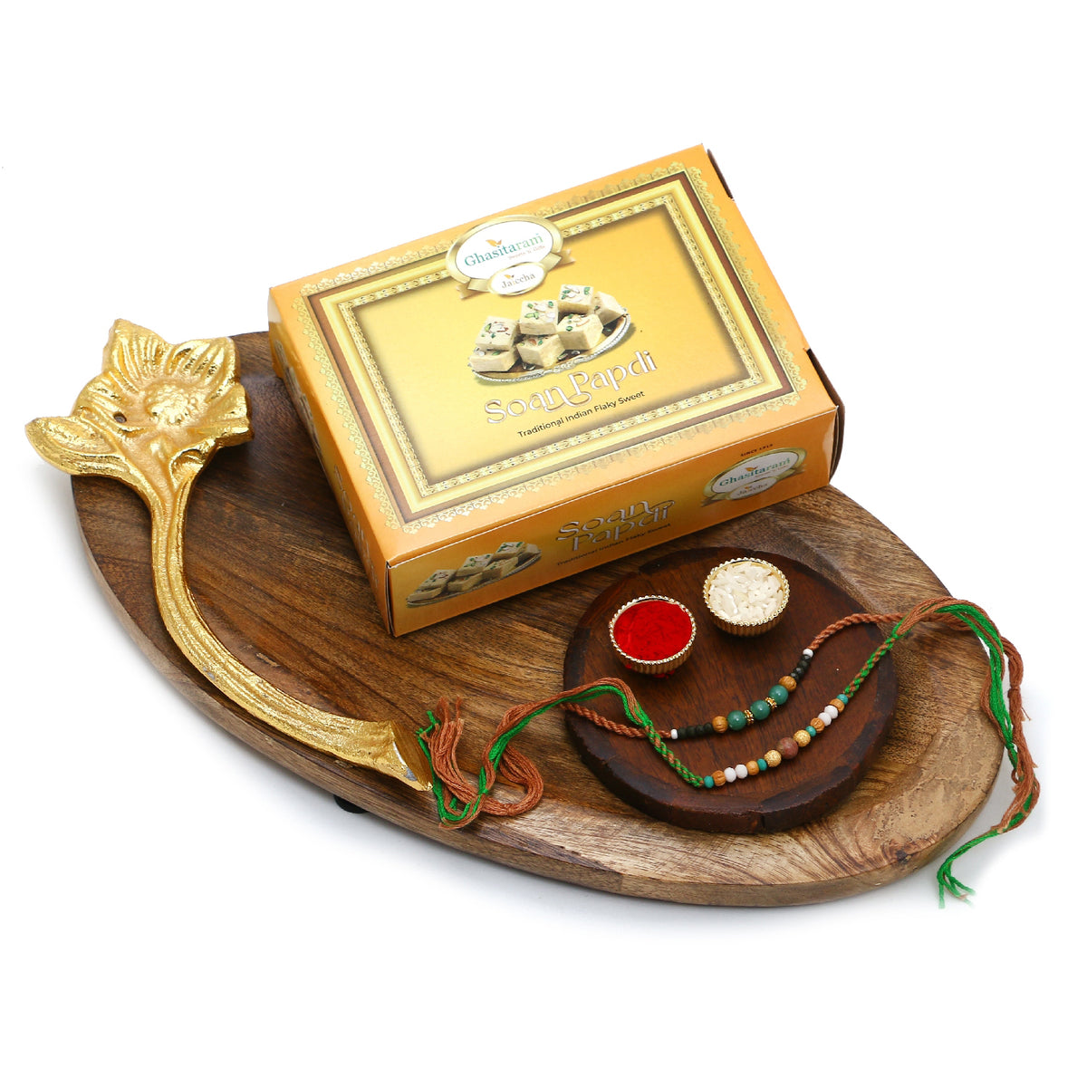 Rakhi Gifts-Wooden Platter of Soan Papdi, Pooja Thali  With 2 Green Beads Rakhis
