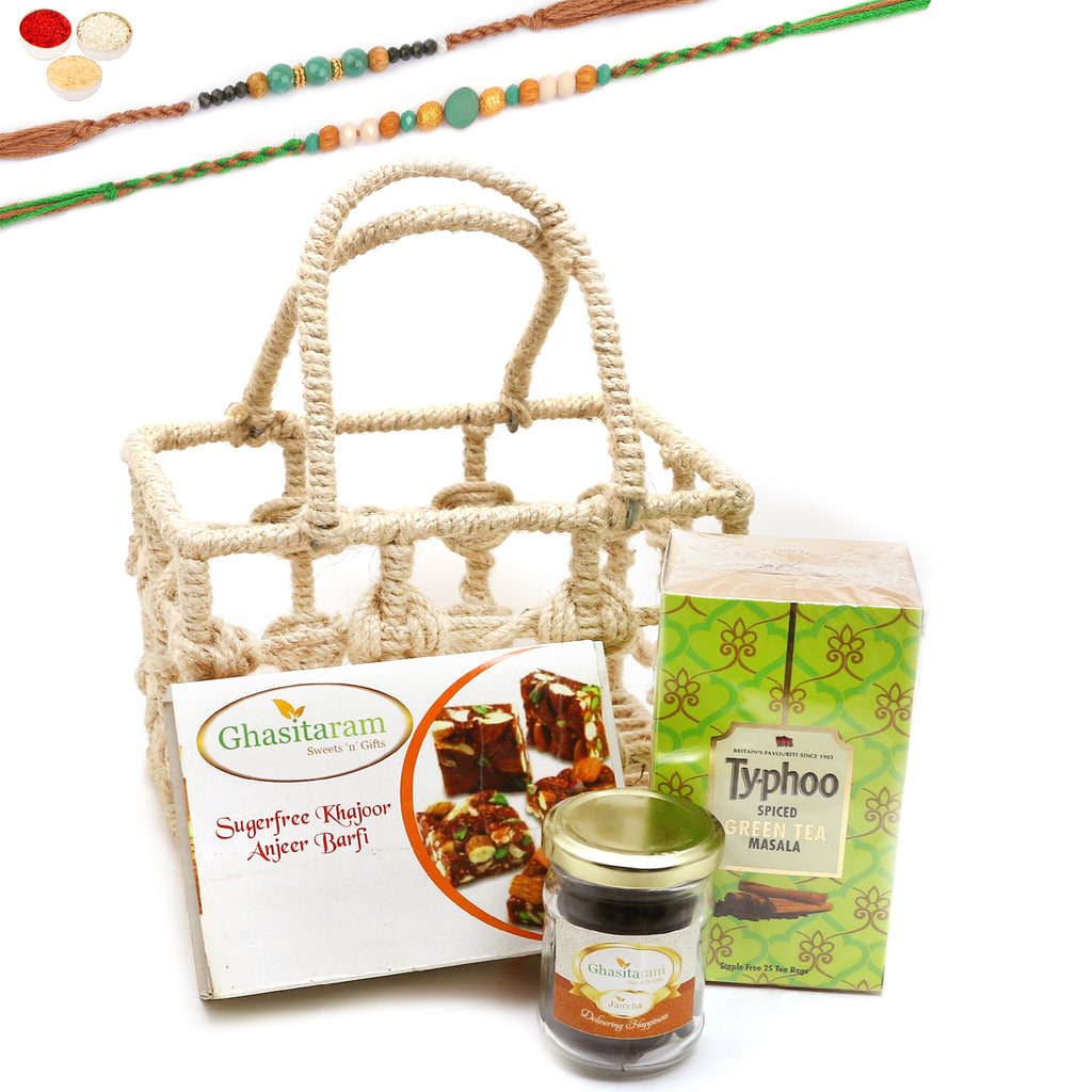Rakhi Gifts-Jute check Basket of  Sugarfree Bites, tea and Jamun Chips With 2 Green Beads Rakhis