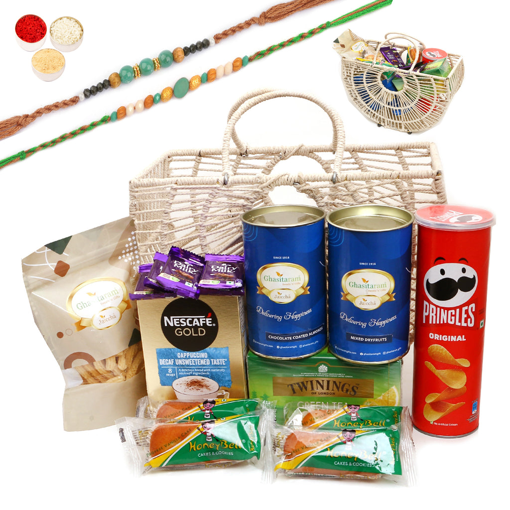 Rakhi Gifts-Jute Fancy Basket/ Carry Bag/ Magazine Holder of 16 Goodies With 2 Green Beads Rakhis