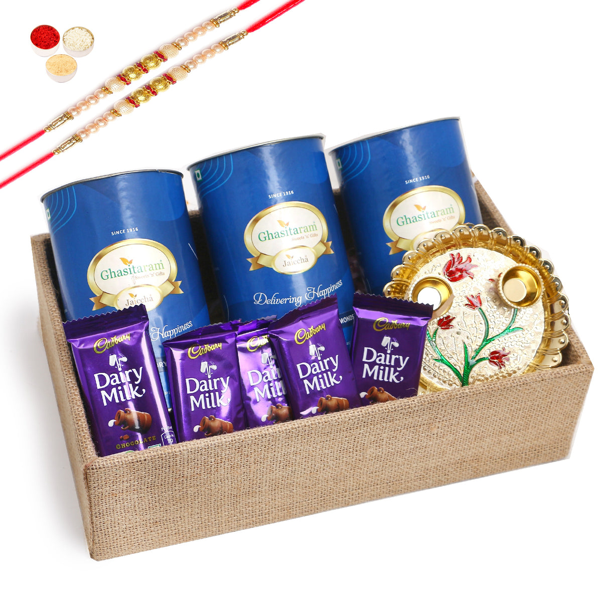Rakhi Gifts-Jute Tray of Assortments Small With 2 pearl Rakhis