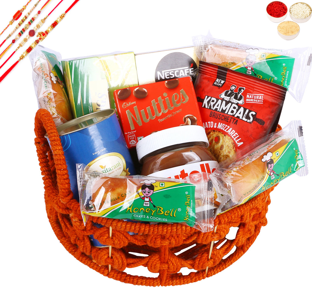 Rakhi Gifts-Orange Jute Basket of 11 Goodies with Assorted Bites Can With 5 rakhis