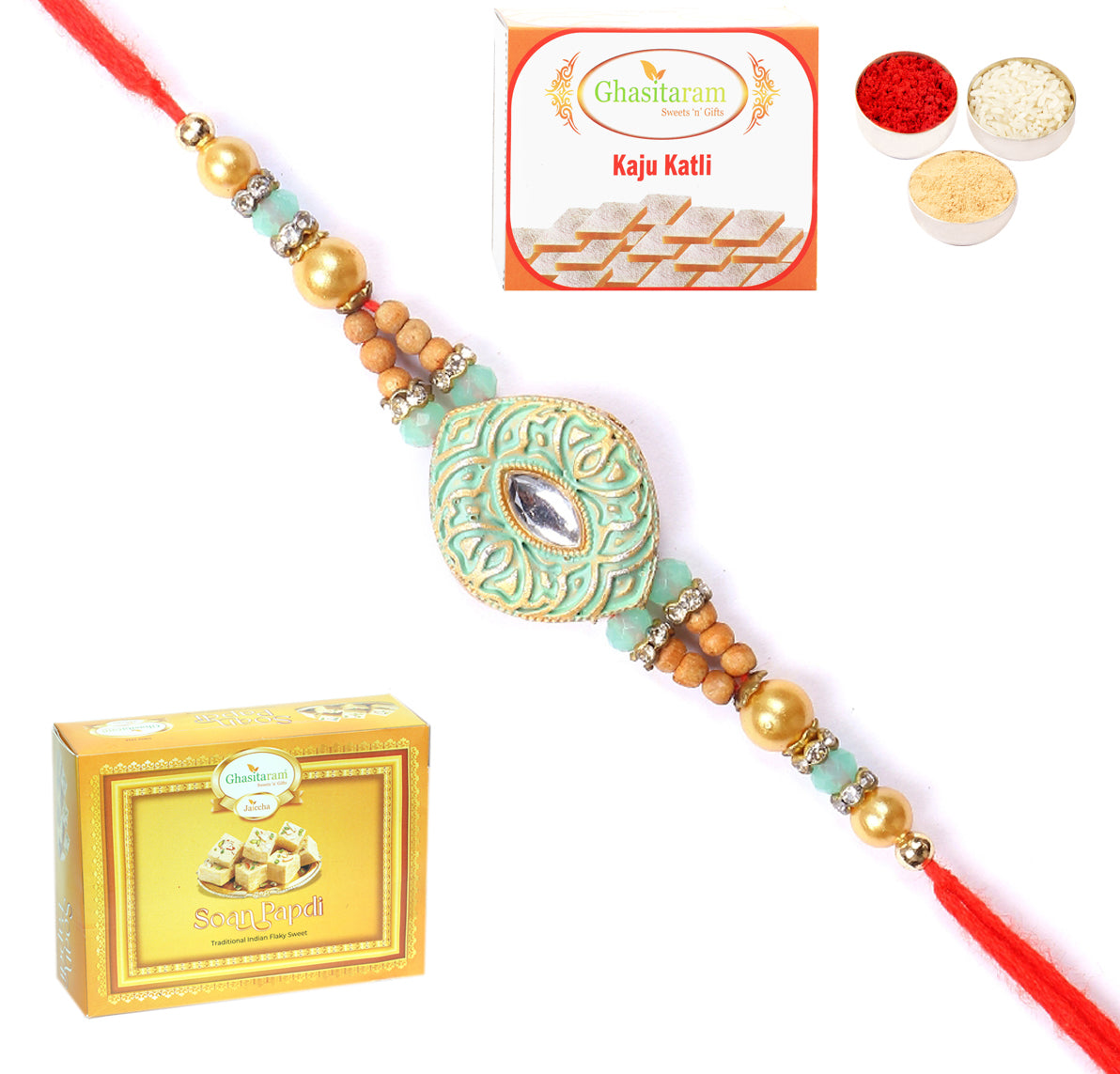 Rakhi for Brother Rakhis Online - 8469 Premium Rakhi with 200 gms of Kaju katli and 200 gms of Soan Papdi 