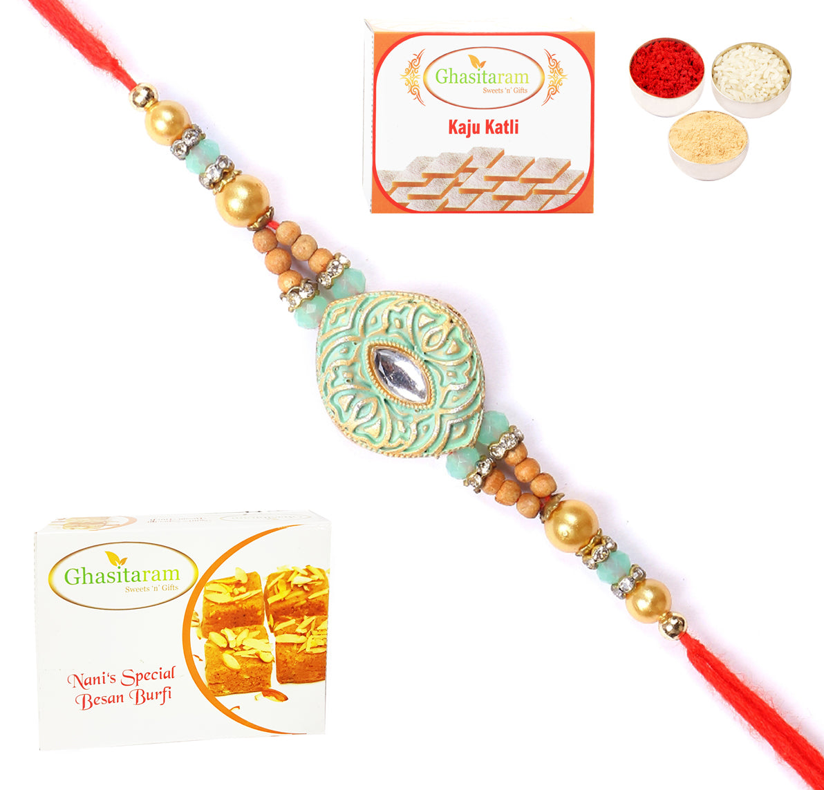 Rakhi for Brother Rakhis Online - 8469 Premium Rakhi with 200 gms of Besan Barfi and 200 gms of Kaju Katli