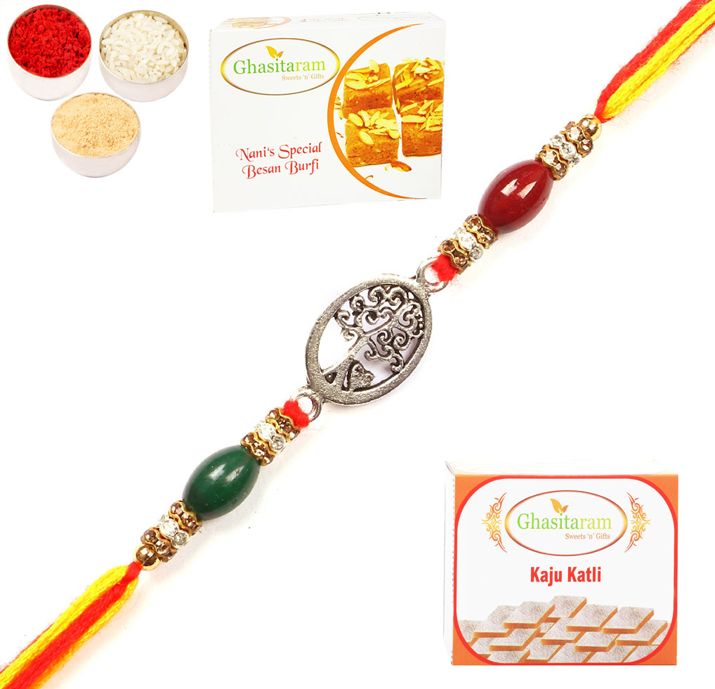 Rakhi for Brother Rakhis Online - 8833 Premium Rakhi with 200 gms of Besan Barfi and 200 gms of Kaju Katli